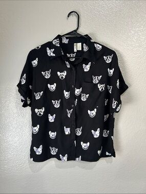 Japna all-over white print of French bulldog faces Button Up Shirt Vacay TC0714